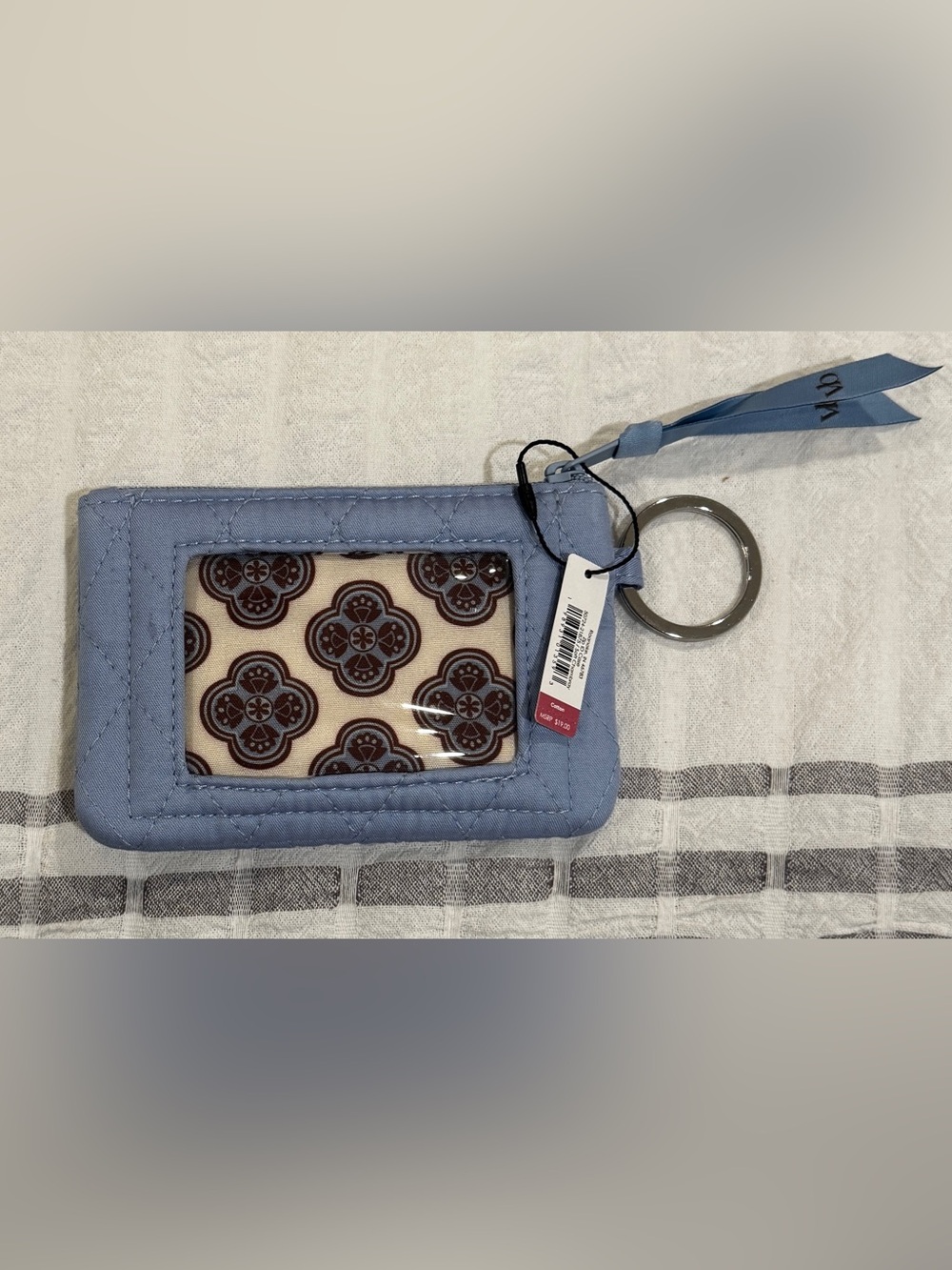 NWT Vera Bradley Light Blue Quilted Wristlet ID Case with Patterned Window